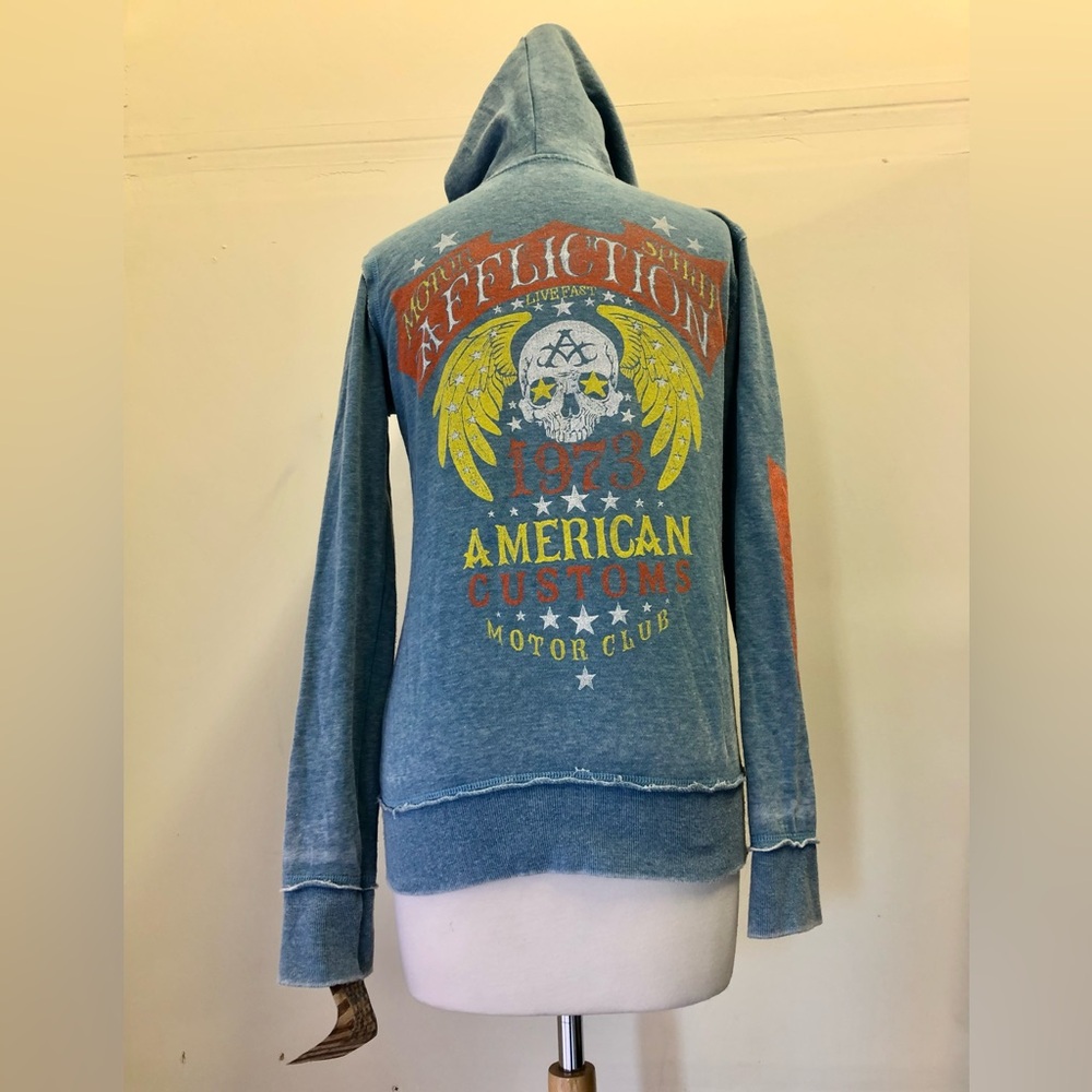 Affliction American Customs Blue Graphic Hoodie Sweatshirt